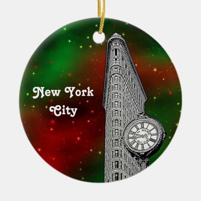 NYC Flatiron Byggnad Red Grn Starry Julafton Julgransprydnad Keramik (Framsidan)
