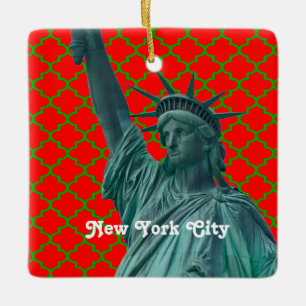 NYC Frihetsgudinnan Red Grn Quatrefoil Julafton Julgransprydnad Keramik