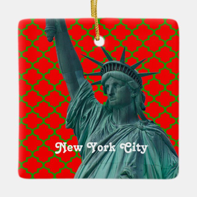 NYC Frihetsgudinnan Red Grn Quatrefoil Julafton Julgransprydnad Keramik (Framsida)