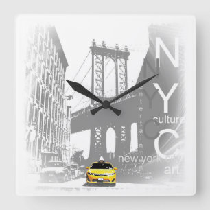 Nyc Gult Taxi Brooklyn Bridge Pop Art Bild Fyrkantig Klocka
