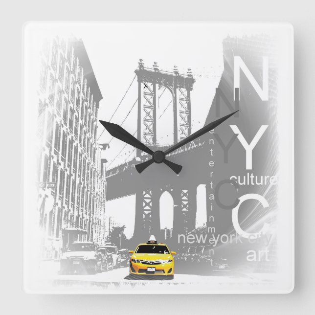 Nyc Gult Taxi Brooklyn Bridge Pop Art Bild Fyrkantig Klocka (Framsida)