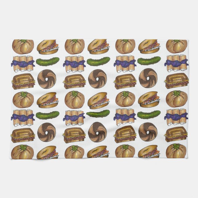 NYC Jewish Deli Food Pickle Blintz Bagel Knish Lox Kökshandduk (Horisontell)