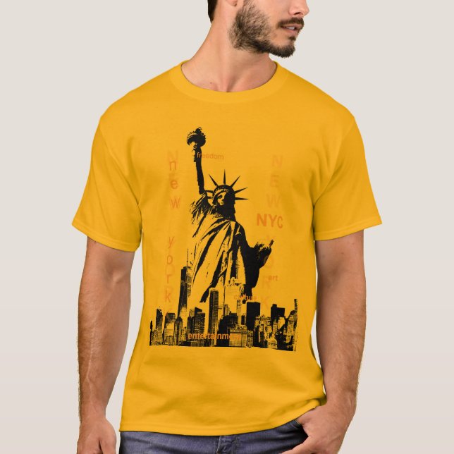 Nyc Manhattan Liberty Statue Manar Guld Färg T Shirt (Framsida)