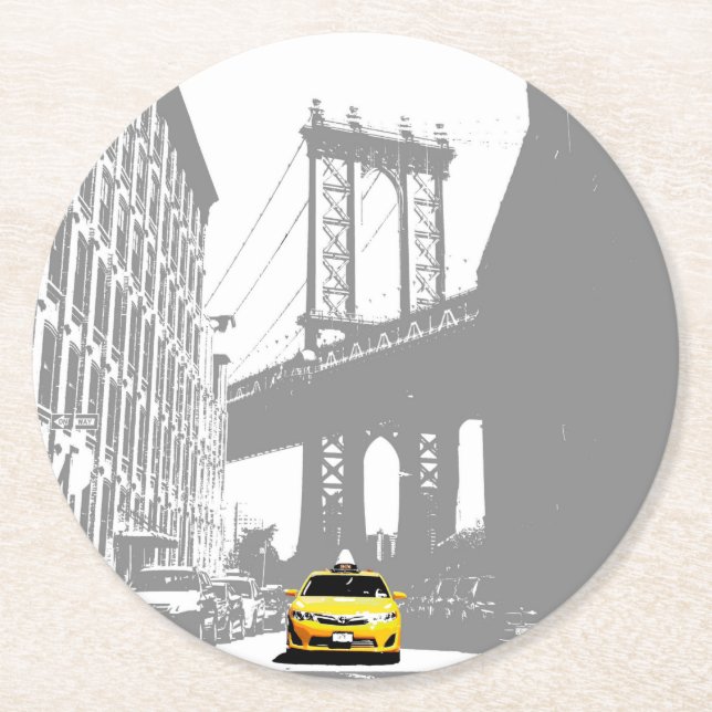 Nyc New York City Brooklyn Bridge Gult Taxi Underlägg Papper Rund (Framsidan)