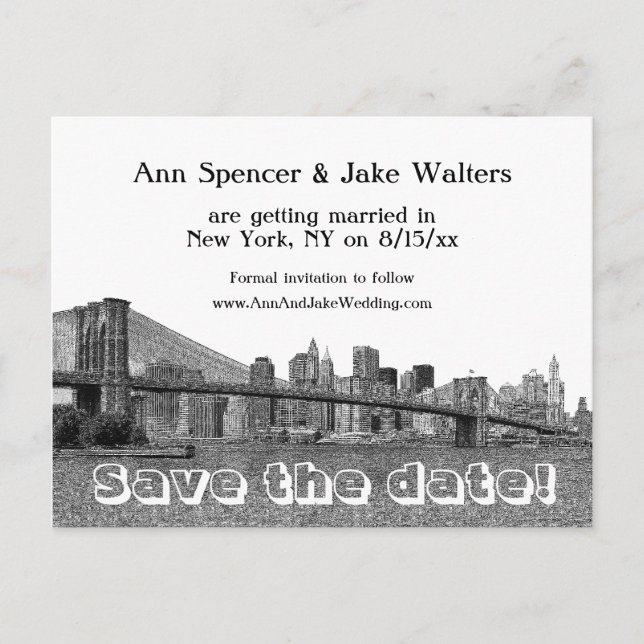 NYC Panorama Bklyn Bridge Etched Save the Date #2 Meddelande Vykort (Framsida)