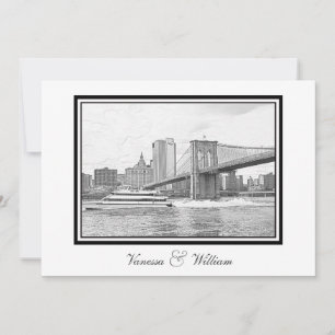 NYC Panorama Brooklyn Bridge Båt BW Etsad Bröllop Inbjudningar
