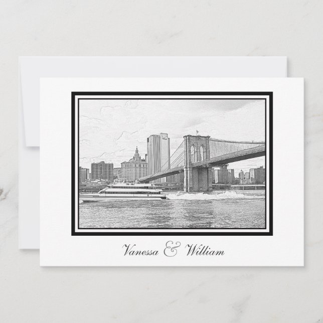 NYC Panorama Brooklyn Bridge Båt BW Etsad Bröllop Inbjudningar (Framsida)
