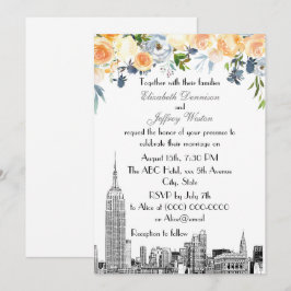 NYC Panorama ESB Etsning Ferskenblå Blommig Bröllo Inbjudningar
