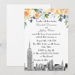 NYC Panorama ESB Etsning Ferskenblå Blommig Bröllo Inbjudningar