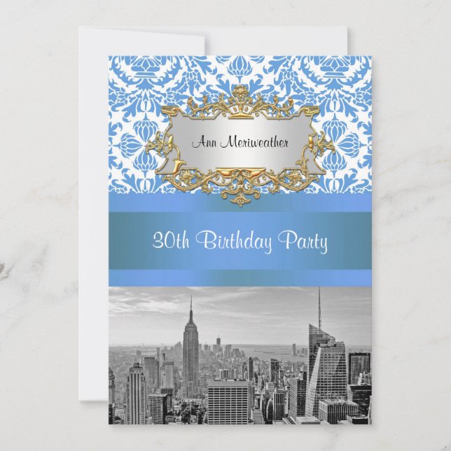 NYC Panorama SV D4 Damask Födelsedagsfest V Inbjudningar (Framsida)