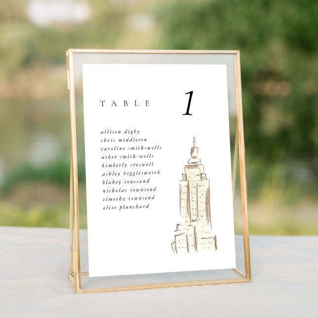 NYC-passagerardiagram för Byggnad i empire state,  (Watercolor Empire State Building chic New York City skyline wedding table number cards.)