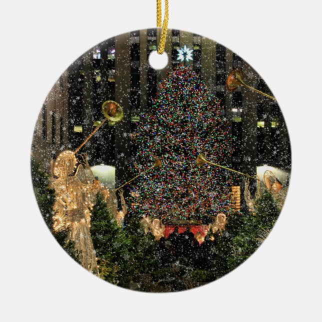 NYC Rockefeller Center Julafton Träd Falling Snö Julgransprydnad Keramik (Framsidan)