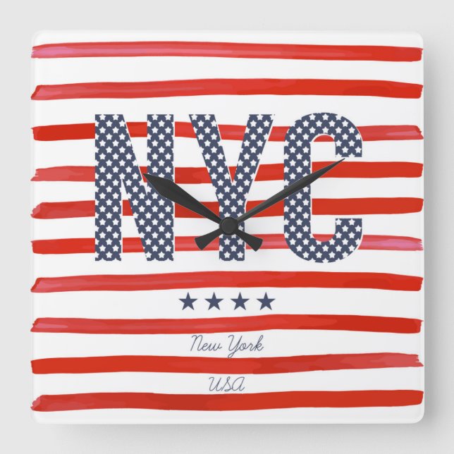 NYC | röd, vit- & blåttdesign Fyrkantig Klocka (Framsida)
