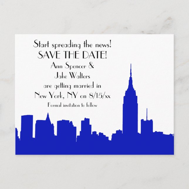 NYC Royal Blue Siluett Spara datum Meddelande Vykort (Framsida)