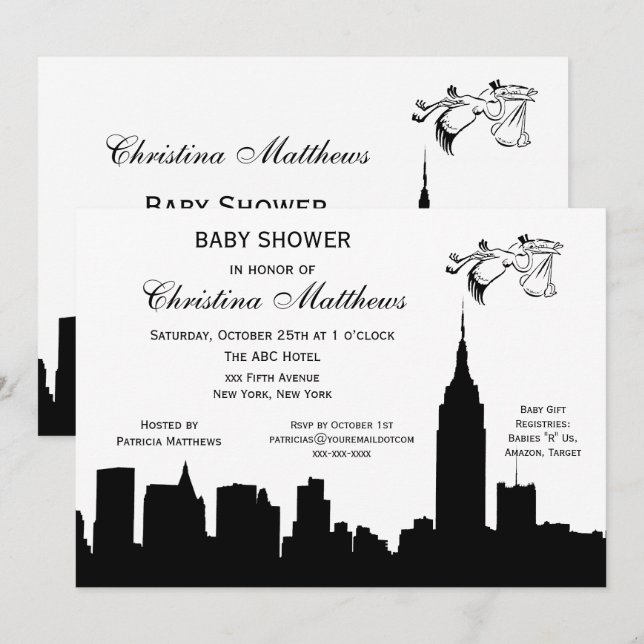 NYC Silhuett Baby Shower Stork Inbjudningar (Fram/baksida)
