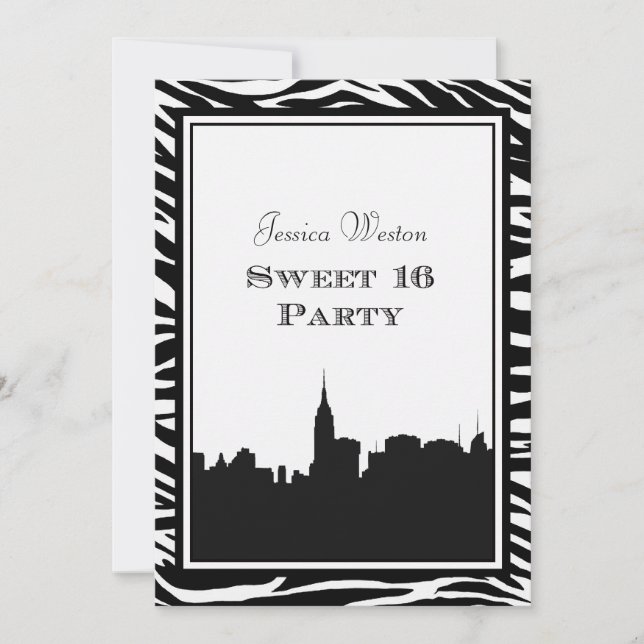 NYC Siluett av Skyline #2 Zebra Sweet 16 Inbjudningar (Framsida)