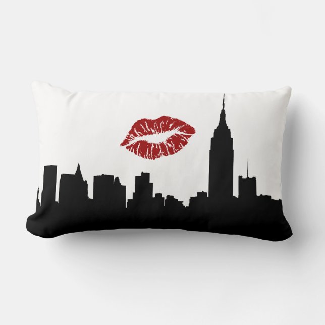 NYC Siluett av Skyline, ESB #1 Röda Läppstift Puss Lumbarkudde (Framsida)