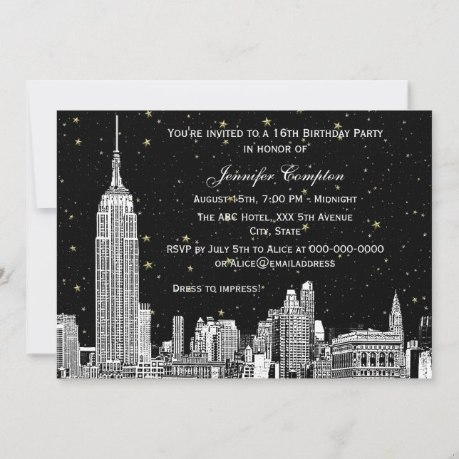 NYC Siluett Etch Starry DIY BG Färg SQ Sweet 16 H Inbjudningar (Baksida)