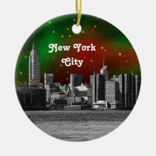 NYC Siluett Etsad ESB Röd och Grön Stjärnig Jul Julgransprydnad Keramik