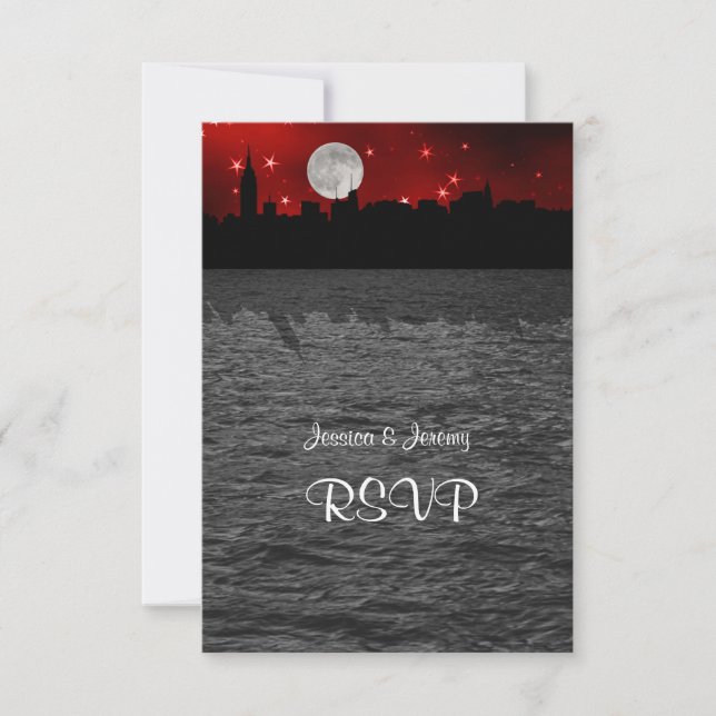 NYC Siluett Måne Röd RSVP 1 OSA Kort (Framsida)