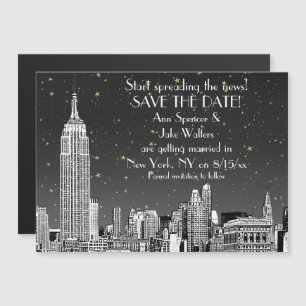 NYC Skyline 01 Etched Black Starry Save the Date Magnetisk Inbjudningskort