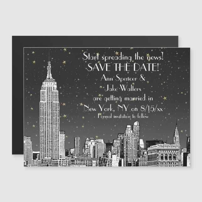 NYC Skyline 01 Etched Black Starry Spara datumet Magnetisk Inbjudningskort (Fram/baksida)