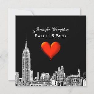 NYC Skyline 01 Etched DIY BG Färg SQ Sweet 16 Inbjudningar