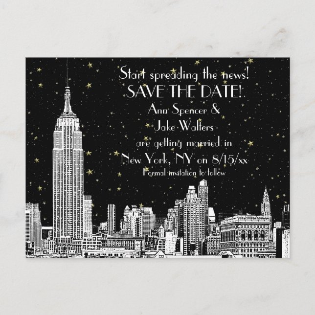 NYC Skyline 01 Etched DIY BG Starry Save Date Meddelande Vykort (Framsida)
