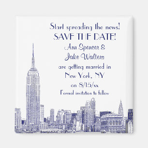 NYC Skyline 01 Etched Save the Date Blå Magnet