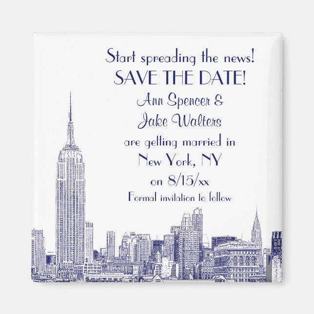 NYC Skyline 01 Etched Save the Date Blå Magnet (Framsidan)