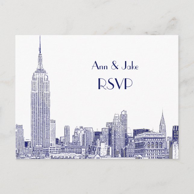NYC Skyline 01 Etched White RSVP 1Blå Inbjudan Vykort (Framsida)