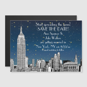 NYC Skyline 01 Etsad blå stjärnig Save the Date Magnetisk Inbjudningskort