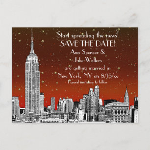 NYC Skyline 01 Etsad Röd Stjärnig Save the Date Meddelande Vykort