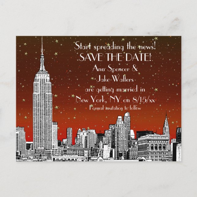 NYC Skyline 01 Etsad Röd Stjärnig Save the Date Meddelande Vykort (Framsida)