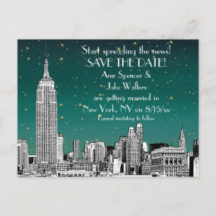 NYC Skyline 01 Etsad Teal Stjärna Spara Datum Meddelande Vykort