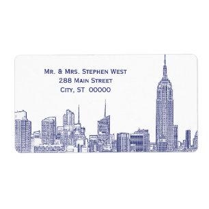 NYC Skyline 01A Etched Address Label Blue Fraktsedel