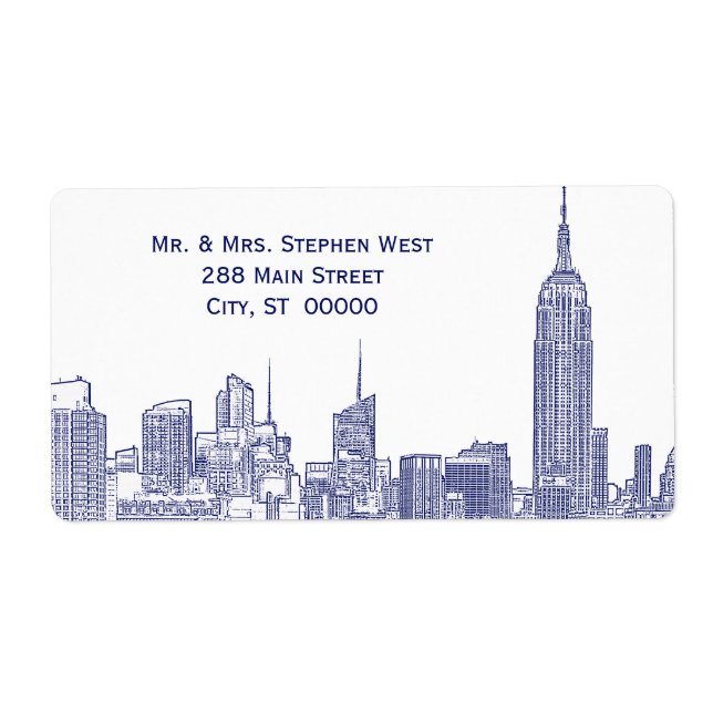 NYC Skyline 01A Etched Address Label Blue Fraktsedel (Framsidan)