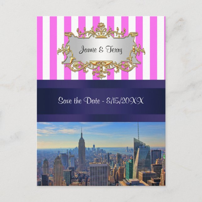 NYC Skyline B2 Rosa Vit Rand Spara Datum Meddelande Vykort (Framsida)