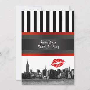 NYC Skyline Bk Wht Strp Röd Kyss Sweet 16-fest Inbjudningar