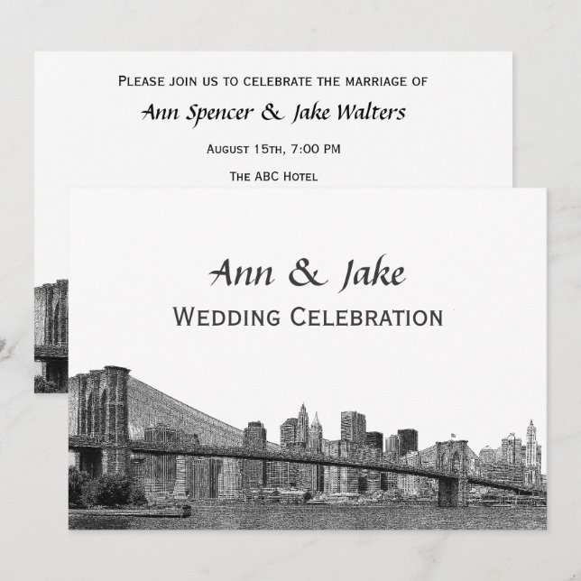 NYC Skyline Bklyn Bridge Etched #2SQH Bröllop Inbjudningar (Fram/baksida)