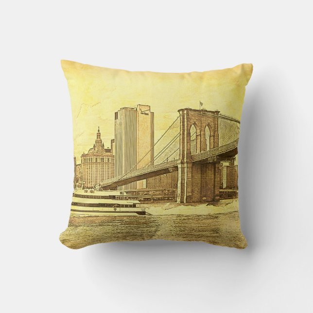 NYC Skyline Brooklyn Bridge Boat Etched look #1 Kudde (Framsida)