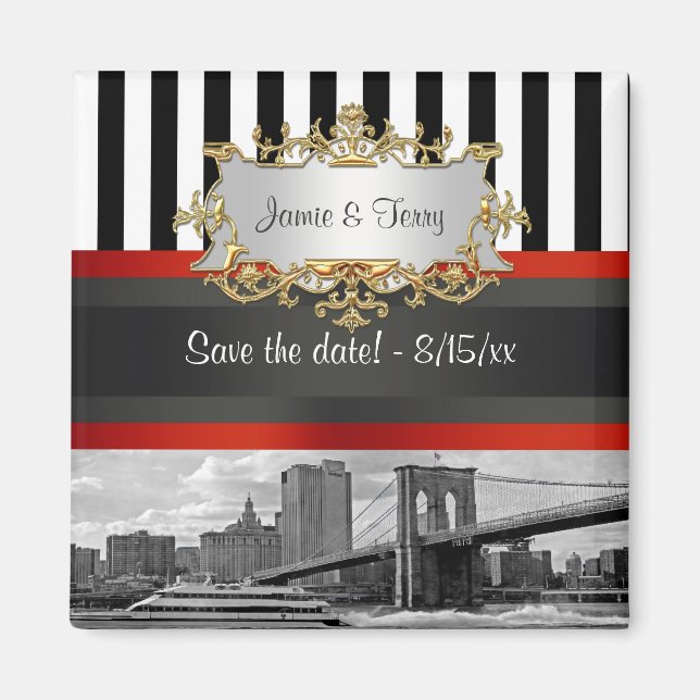 NYC Skyline Brooklyn Bridge, Boat Save Date Magnet (Framsidan)