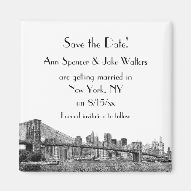 NYC Skyline Brooklyn Bridge Etched Save Date Magnet (Framsidan)