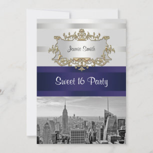 NYC Skyline BW 05 Vit Navy 2 Sweet 16 Inbjudan