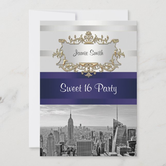 NYC Skyline BW 05 Vit Navy 2 Sweet 16 Inbjudan (Framsida)