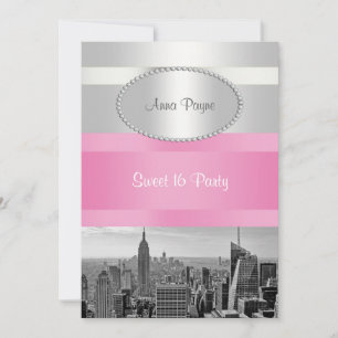 NYC Skyline BW 05 Vit, Rosa Sweet 16-fest Inbjudningar