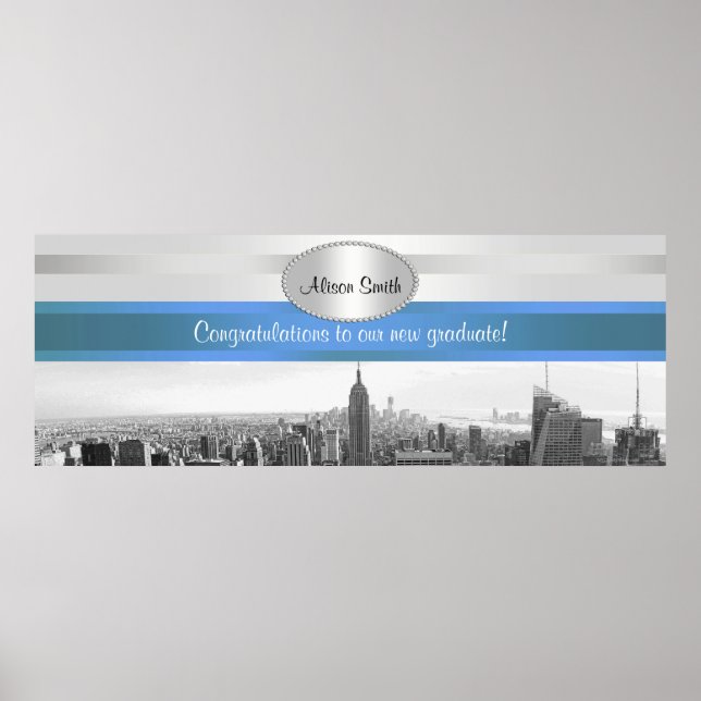 NYC Skyline BW 05 White Blue 2 Party Banner Poster (Framsidan)