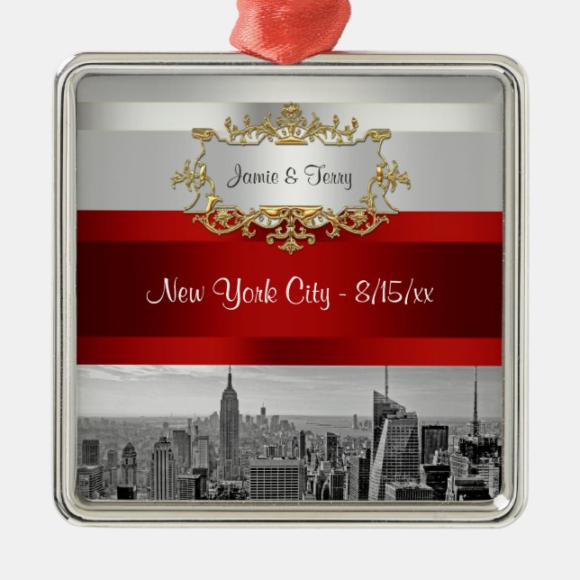 NYC Skyline BW 05 White Red Inbjudan Suite Julgransprydnad Metall (Framsidan)