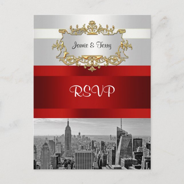 NYC Skyline BW 05 White Red OSA Postcard Inbjudan Vykort (Framsida)