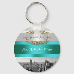 NYC Skyline BW 05 White Teal Inbjudan Suite Nyckelring